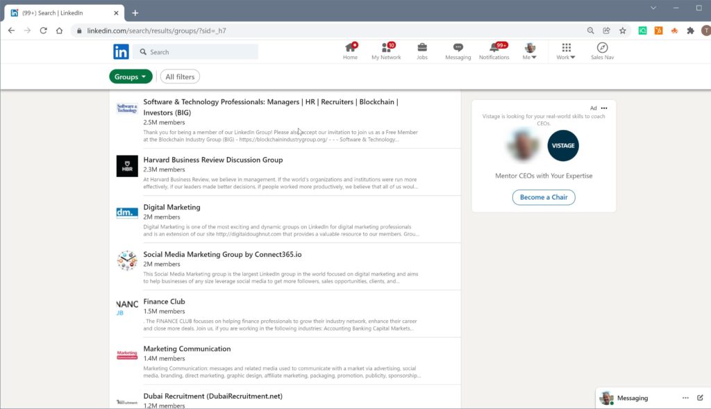 Example of LinkedIn Groups page