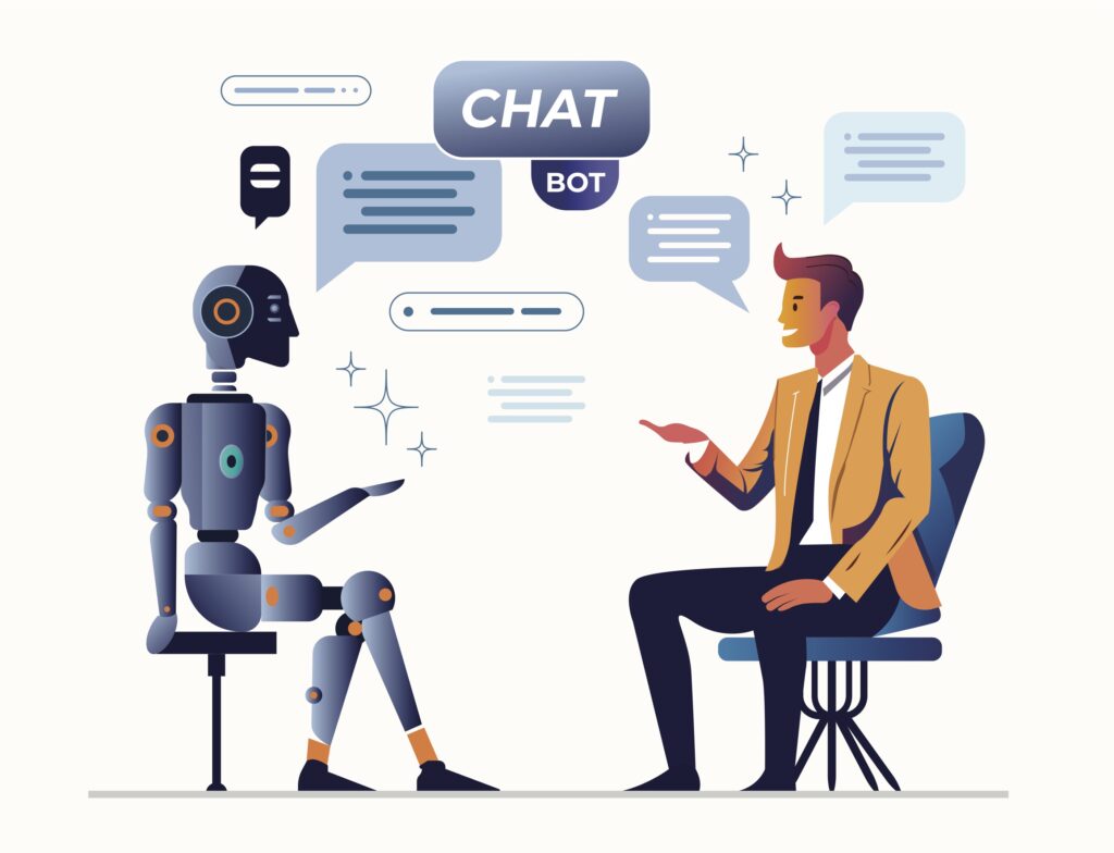A person and an AI humanoid having a conversation, cartoon style
