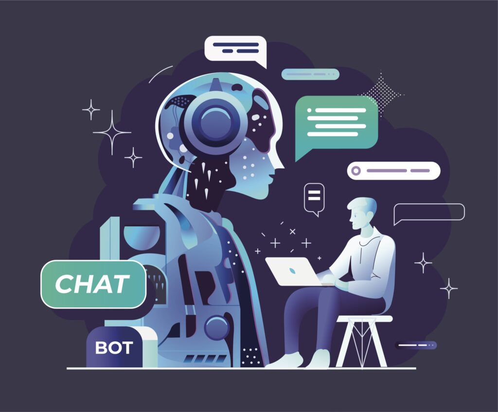 Abstract image of a person sitting in a chair talking with an AI humanoid with message abstractions around